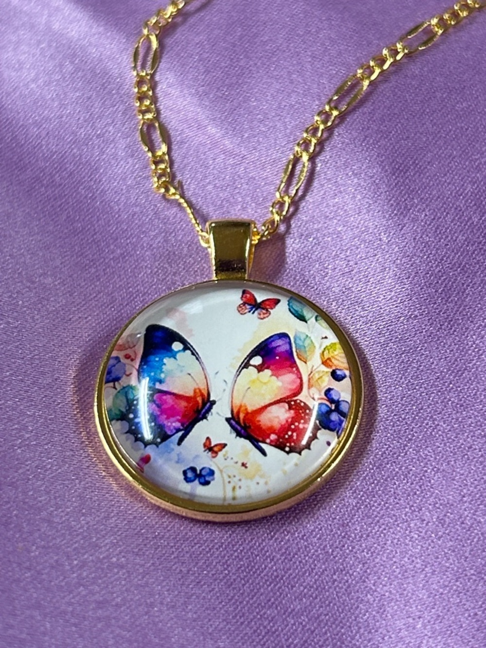 Gold Butterfly 1 inch Pendant Necklace - Multicolor Wings